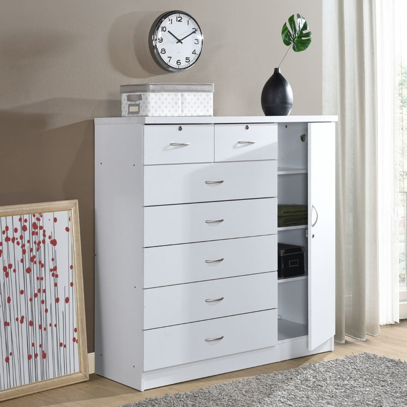 7-Drawer Dresser 47-inch Wide Wood Chest with 2-Locking Drawers, 1-Locking Door, 3-Shelves and Clothing Rod for Bedroom Storage
