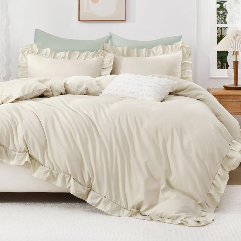 Housse de couette Andency Beige Ruffle, Simple (66 x 90 po), Beige