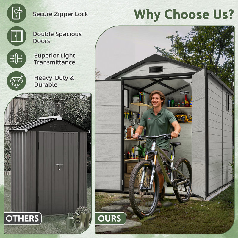 6 ft. W x 8 ft. D Durable Resin Outdoor Storage Shed With Floor, Waterproof UV-Resistant Plastic Garden Shed For Backyard Tools, Bikes & Equipment, Durable All-Weather Storage Shed For Outside