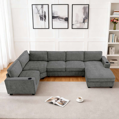 119" U-Shaped Modular Sectional Sofa 4-Piece Chenille Deep Seat Cloud Couch With Corner & Cup Holders & Chaise Set by Latitude Run