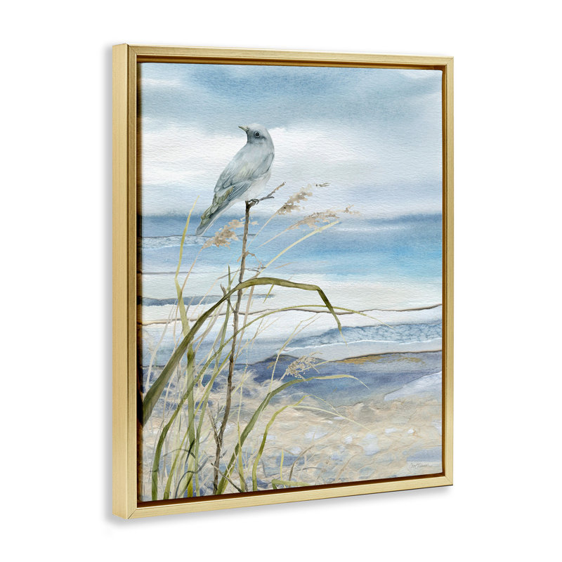 Oiseau sur la plage, H 21 po x l 17 po, Cadre flottant métallique doré