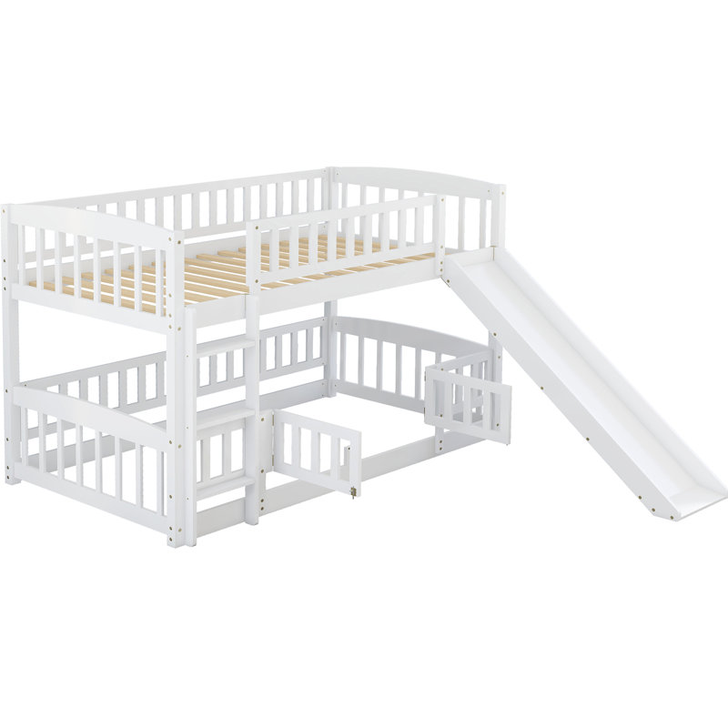Lit superposé avec glissade, lit superposé simple au-dessus de simple avec clôture et échelle pour enfants adolescents, Blanc
