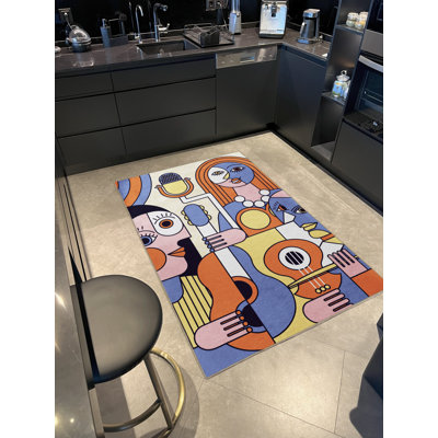 Tapis décoratif multicolore à motif de guitare à motif d'artiste et de portrait de femme