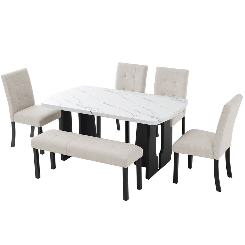 Ensemble de table de salle à manger 6 pièces avec chaises rembourrées et banc Lovejoy, Gris, Gris, Blanc