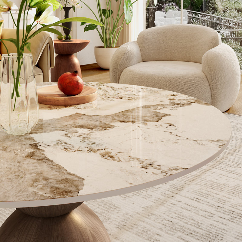 35" Round Coffee Table Living Room Center Cocktail Table With Red Walnut/Dark Walnut Base, 18.6"H x 35.4"L x 35.4" W