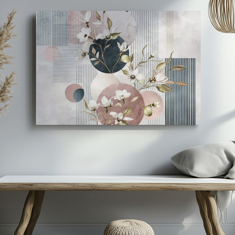 Toile une composition harmonieuse mettant en vedette des éléments floraux délicats entrelacés avec des formes géométriques d'art mural, y compris des cercles doux