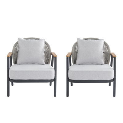Fauteuil club d'extérieur en corde avec coussin texturé, ensemble de 2