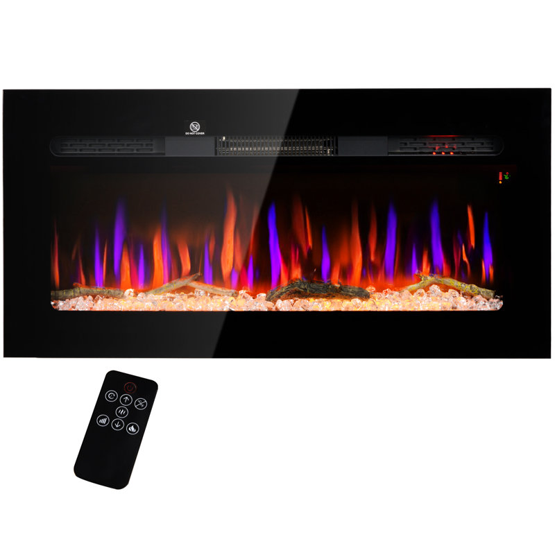 Foyer électrique mural 36 "- 1500W, minuterie 8H, flamme réglable, bûche et cristal, acier noir, chauffage efficace à chaleur de 1500W, luminosité de la flamme,