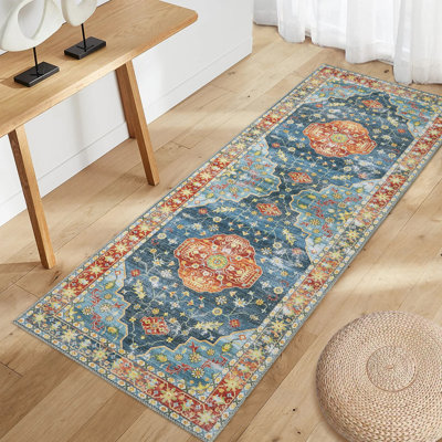 Tapis floral floral en polyester bleu sarcelle / rouge