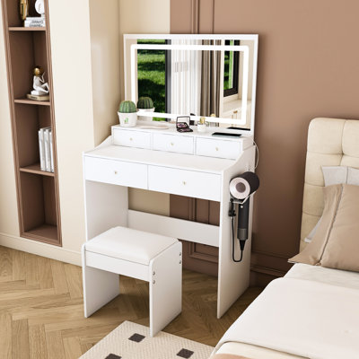Modern LED Vanity Desk with Large Mirror - Makeup Dressing Table with Power Outlet, Hair Dryer Holder & 5 Drawers, Adjustable Lighting (Warm/Cool/Natural), Full-Face View Mirror for Bedroom