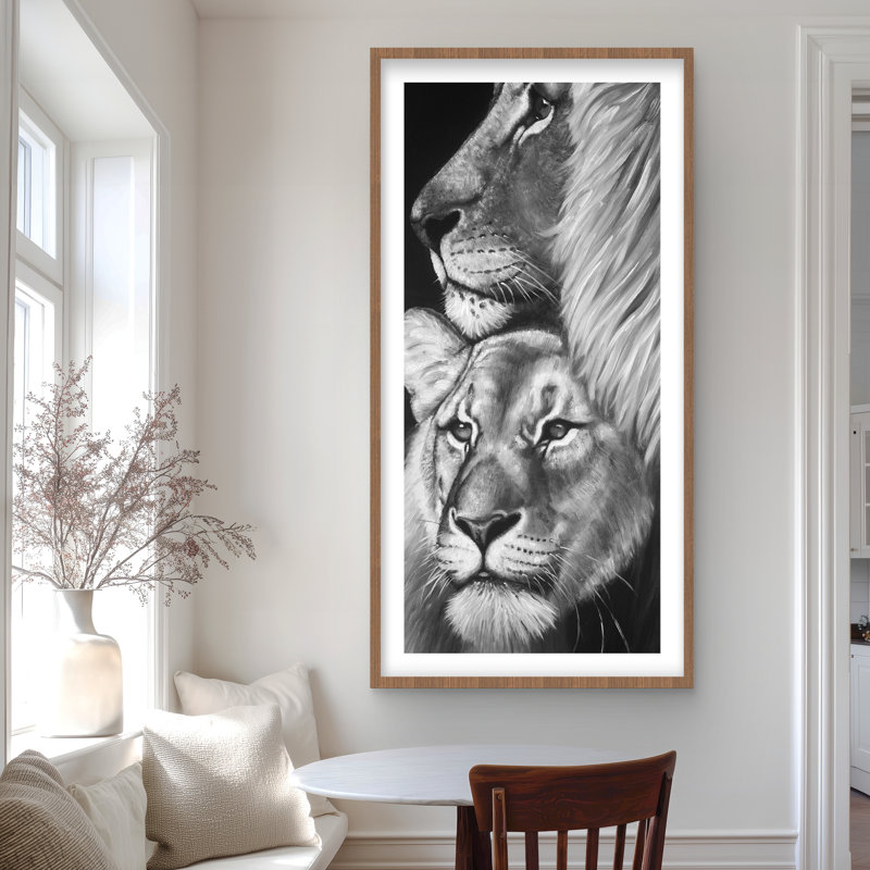 Lion et lionne - imprimé encadré africain, Brun