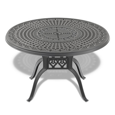 Table de salle à manger d'extérieur ronde de 47 pouces - Design en fonte d'aluminium avec motif floral, trou de parasol, finition noire, 6 places, pour patio, jardin, toutes saisons