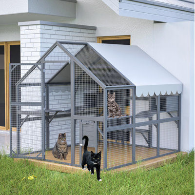 Premium Cat Run Large Outdoor Enclosure, Wooden Catio Kitty Mansion With Suspension Bridges, Strolling Paths, Cozy Cabins, Protective Roof Cover, 82 I