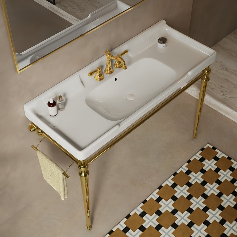 Lavabo de console de salle de bain mural 48 po avec lavabo en céramique, 3 trous de robinet, pieds de support en acier inoxydable et barre à serviettes
