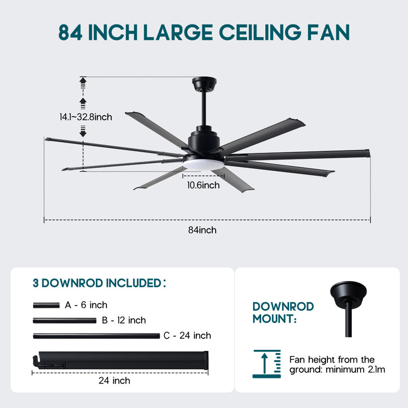 Jawanna Ceiling Fan with Light, 8-Blade Large Ceiling Fan with Remote, 6-Speed Reversible DC Motor, Indoor Outdoor Use, Dimmable 3-Color LED for Living Room, Working Room, Terrace