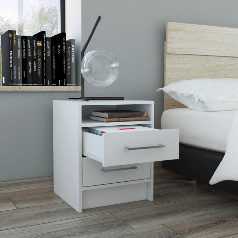 Table de chevet compacte Eter avec deux tiroirs et une tablette, rangement de chevet minimaliste, Blanc