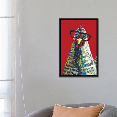 «Chicken Willimina Glasses on Red» par Hippie Hound Studios - reproduction d'art