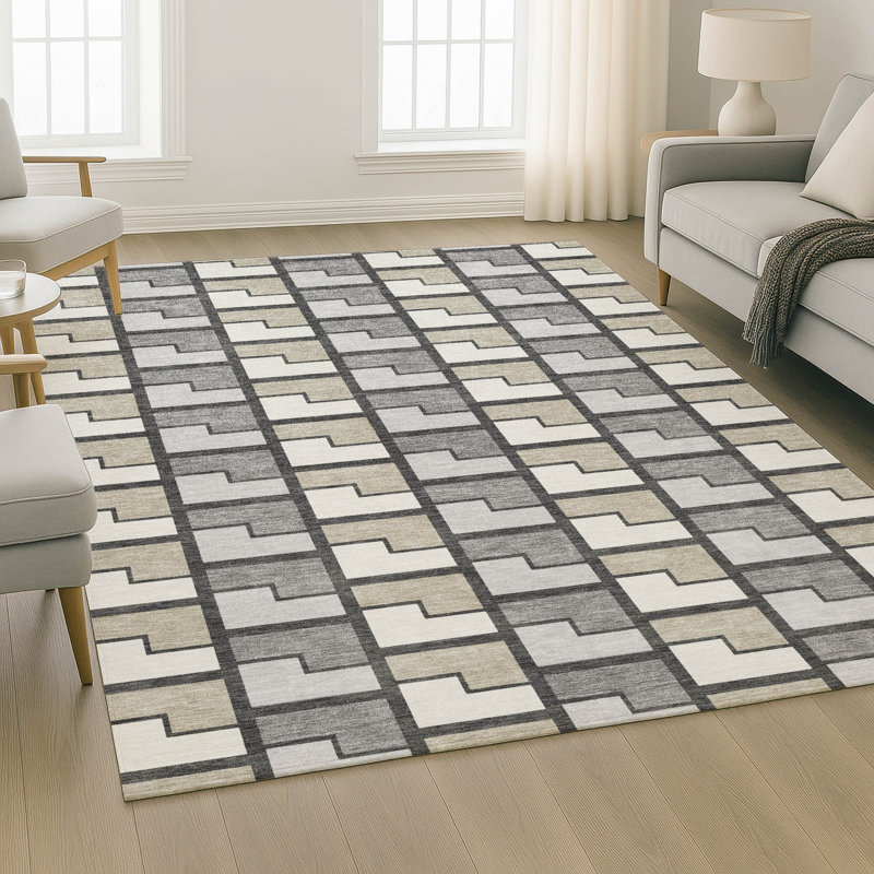 Premium Machine Washable Mayfield AMF2417 Geometric Rug, Ivory, 5' x 7'6"