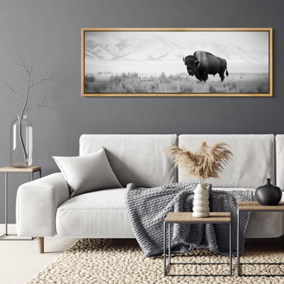 Cow " Monochrome Bison In The Plains Rustic Retro Art Decor Extra Large Artwork Pictures "