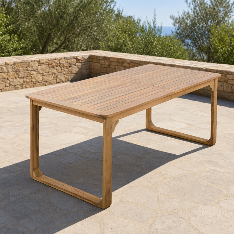 Table de salle à manger d'extérieur en bois d'acacia avec pieds élégants incurvés, grande table de terrasse de jardin, capacité de poids de 500 lb, design minimaliste moderne