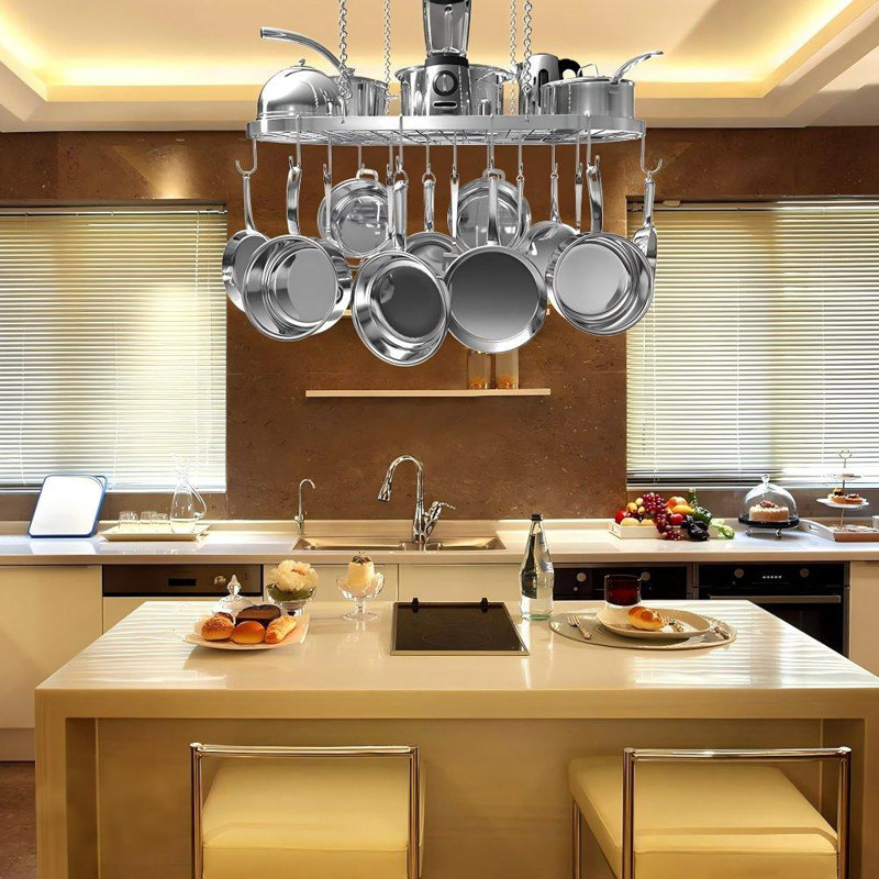 Support à casseroles suspendu robuste - Rangement de plafond en acier allié argent avec 15 crochets