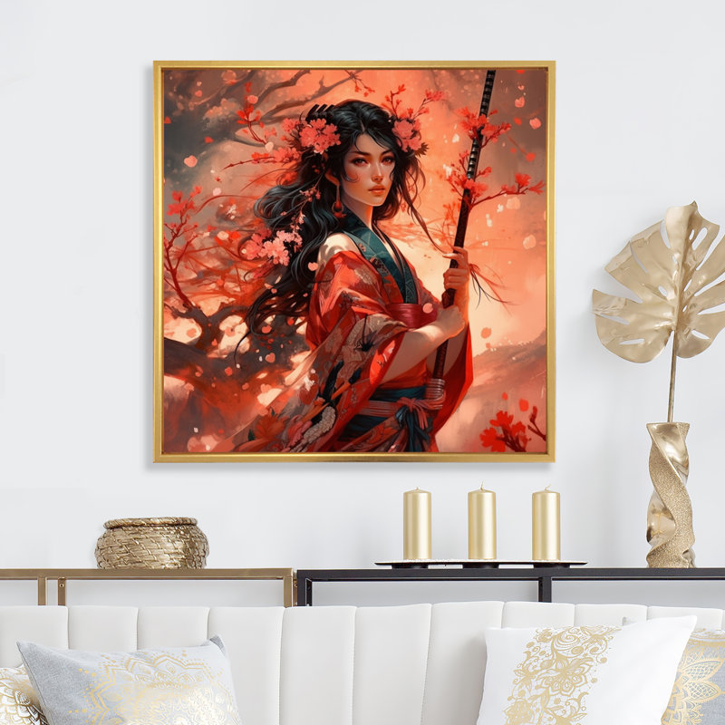 Beauté florale de Samouraï I, H 30 po x l 30 po x P 1 po, Toile avec cadre flottant or