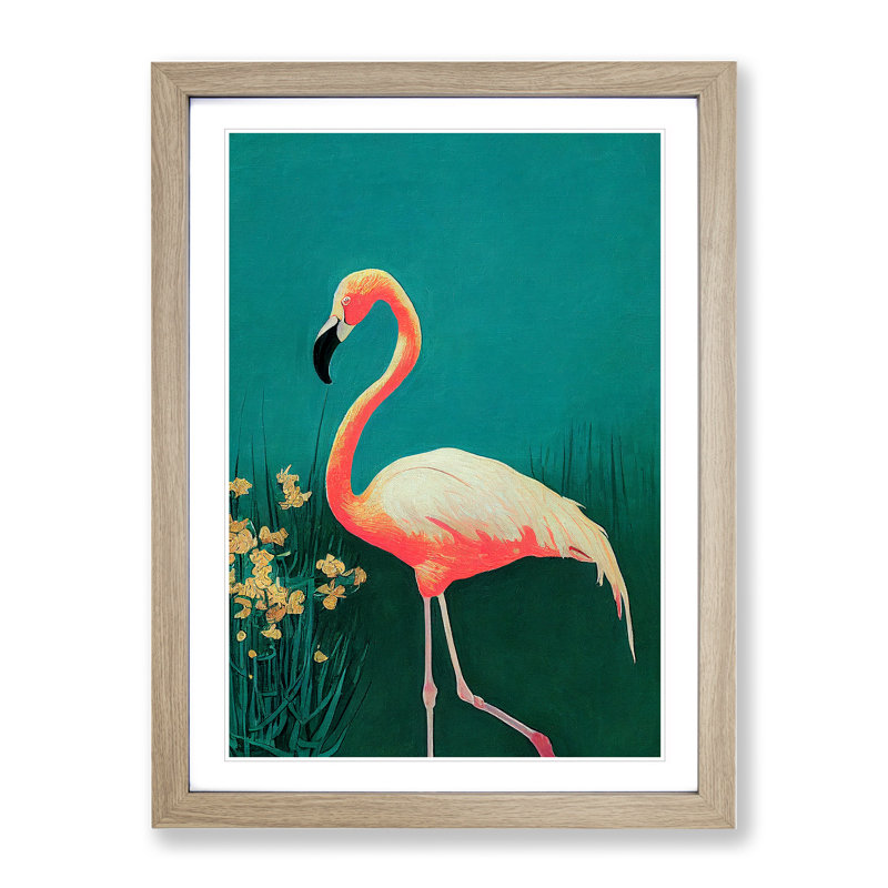 XV1022-5059X Walking Flamingo - Print, Oak Framed, 66cm H x 48cm W, White