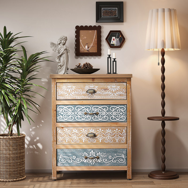Commode 4 tiroirs, coffre de rangement rustique pour chambre à coucher, salon