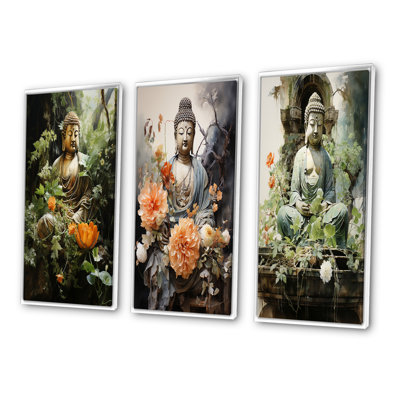 " Green Buddhist Art Buddhas Serene " 3 Piece Art Graphic Art Set