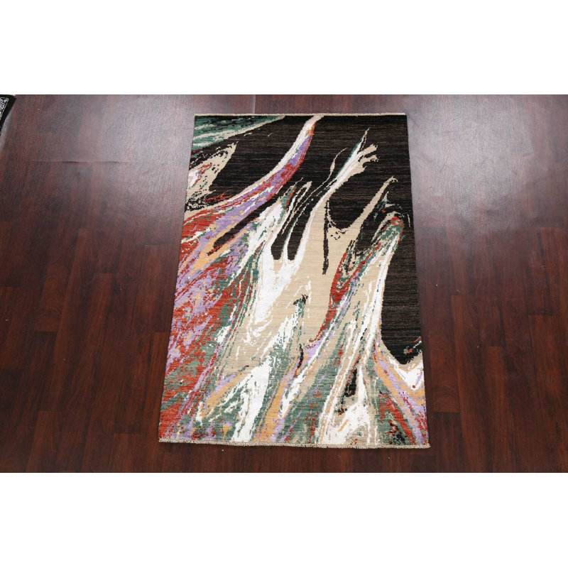 Tapis unique en laine / soie noué à la main 4 pi 1 po x 6 pi 2 po New Age brun / orange / noir