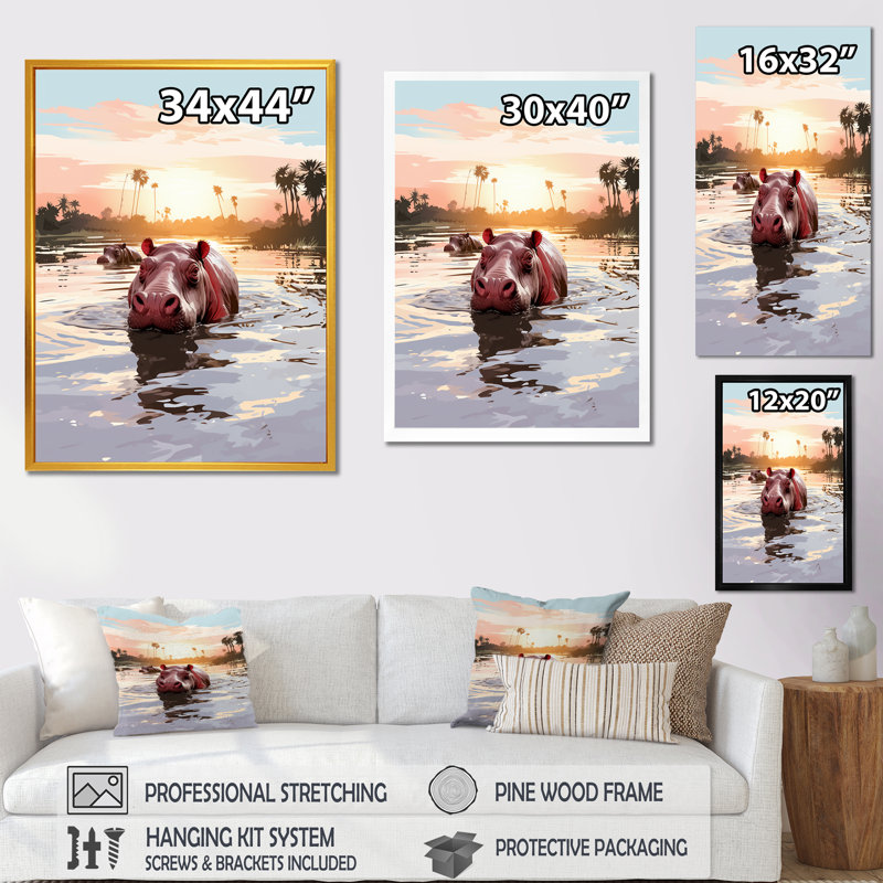 Gris, silhouette d'un hippopotame safari - Hippopotame, Cadre doré simple, H 20 po x l 12 po x P 1 po