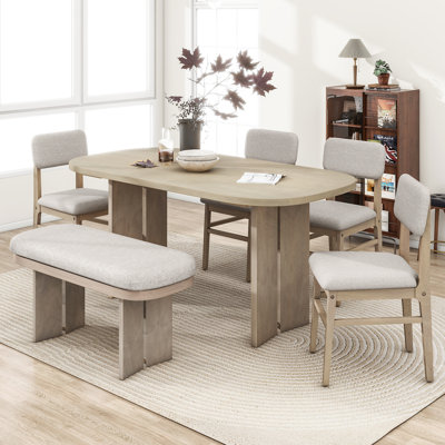 Ensemble de table de salle à manger en bois massif avec banc - Ensemble de table de salle à manger rembourré 6 pièces avec banc, mobilier de cuisine de ferme moderne bicolore