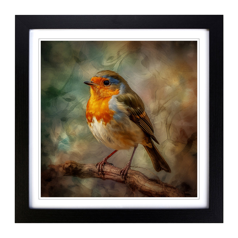 Robin Impressionism - Single Picture Frame Print on Wood, Black