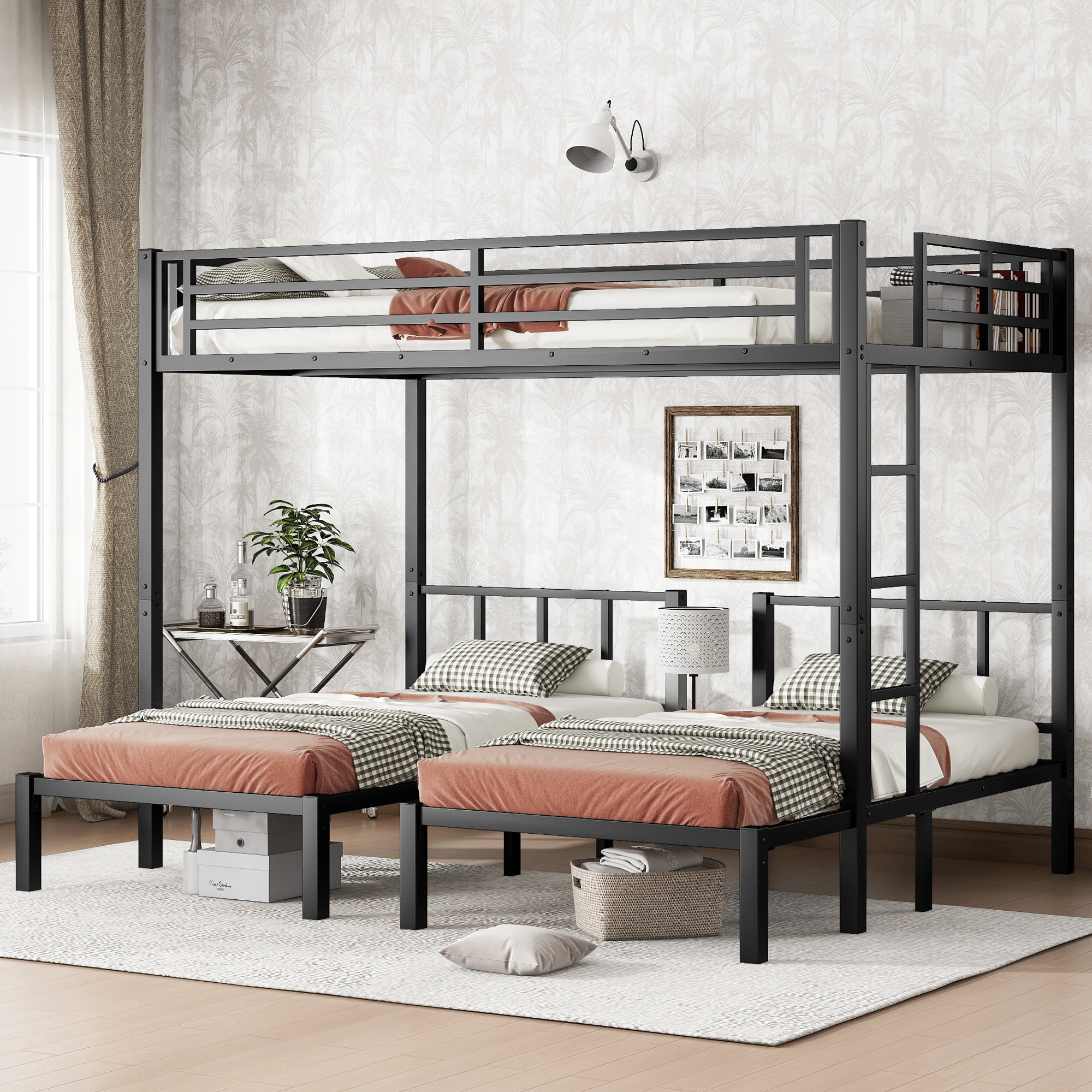 17 Stories Twin over Twin & Queen Bunk Bed, Metal Triple Bunk Bed with ...