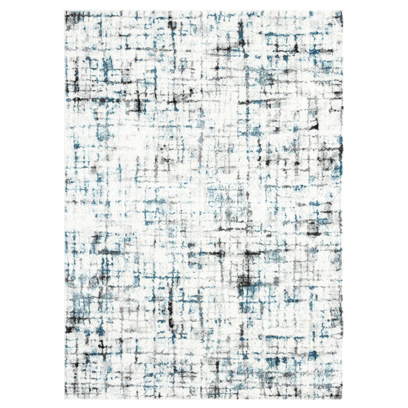 Tapis géométrique bleu / gris / blanc, Rectangle 5 pi 2 po x 7 pi 2 po