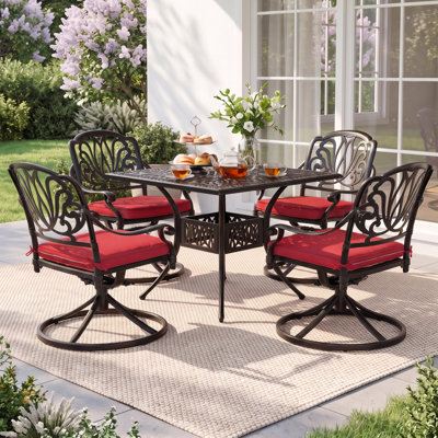 Ensemble de bar extérieur 5 pièces en fonte d'aluminium avec table ronde et 4 chaises de bar pivotantes Elizabeth, ensemble bistro de patio résistant aux intempéries avec coussins rouges (1 table carrée + 4 chaises)