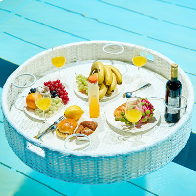 Hubhalsun Large Floating Tray for Pool, 35.4" Wicker Floating Serving Tray with Hole Design, Poolside Drink & Food Holder for Swimming Pools, Spas, Backyard Parties, White
