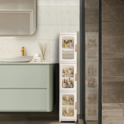 3-tier Narrow Storage Cabinet With Wheels & Transparent Doors