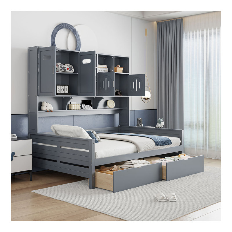 Lit de jour en bois double avec 2 tiroirs, armoire et tablette tout-en-un, gris, Gris