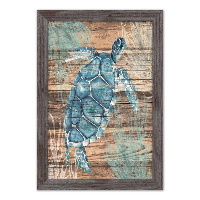 Tortue sur bois, reproduction encadrée, H 30 po x l 20 po x P 0,75 po