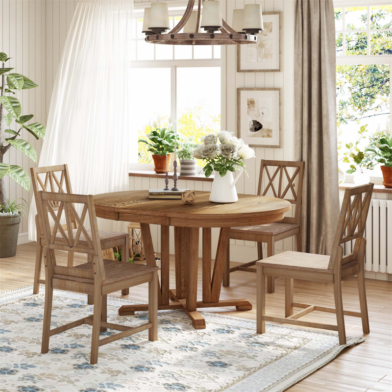 Ensemble de table de salle à manger extensible 5 pièces avec table à tréteaux ronde et chaises à dossier croisé pour la cuisine et la salle à manger
