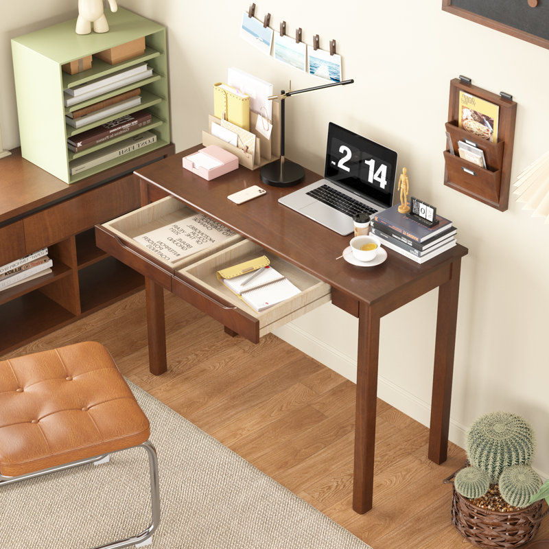 Solid Wood Desk With Drawers - Vintage Narrow Desks, Mid Century Modern Desks, Rubber Wood Study Table, Small Writing Desk For Bedroom|small Spaces - Walnut Color