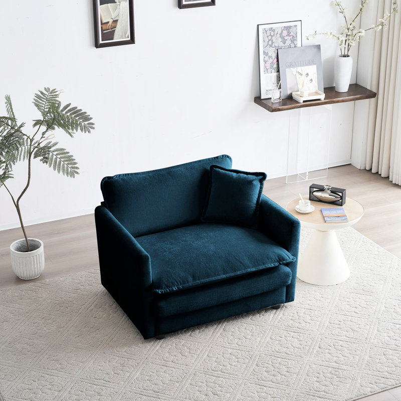 Fauteuil en chenille bleu pour chambre à coucher - Mousse et support Salon Relax Time Structure en bois massif, éponge haute, revêtement respirant