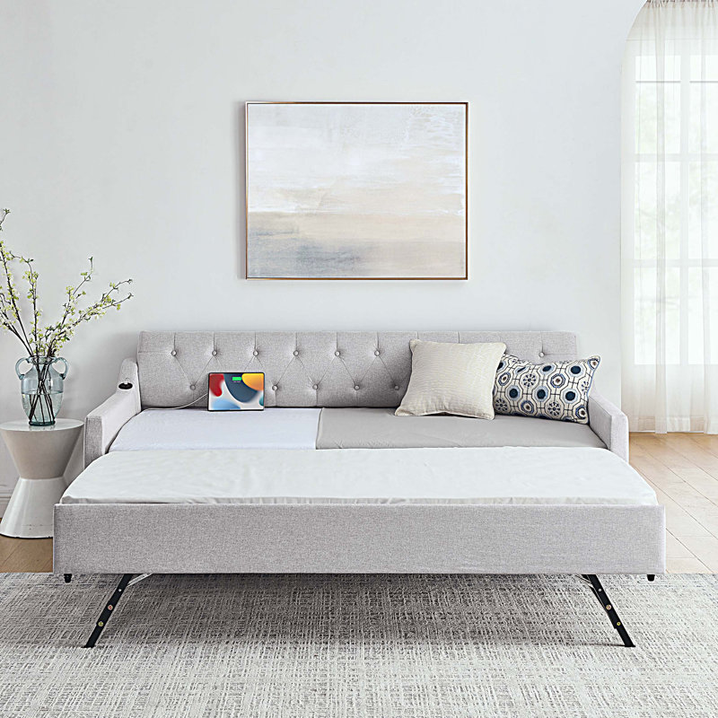 Twin Size Upholstery DayBed with Erectable Trundle and USB Charging, Beige