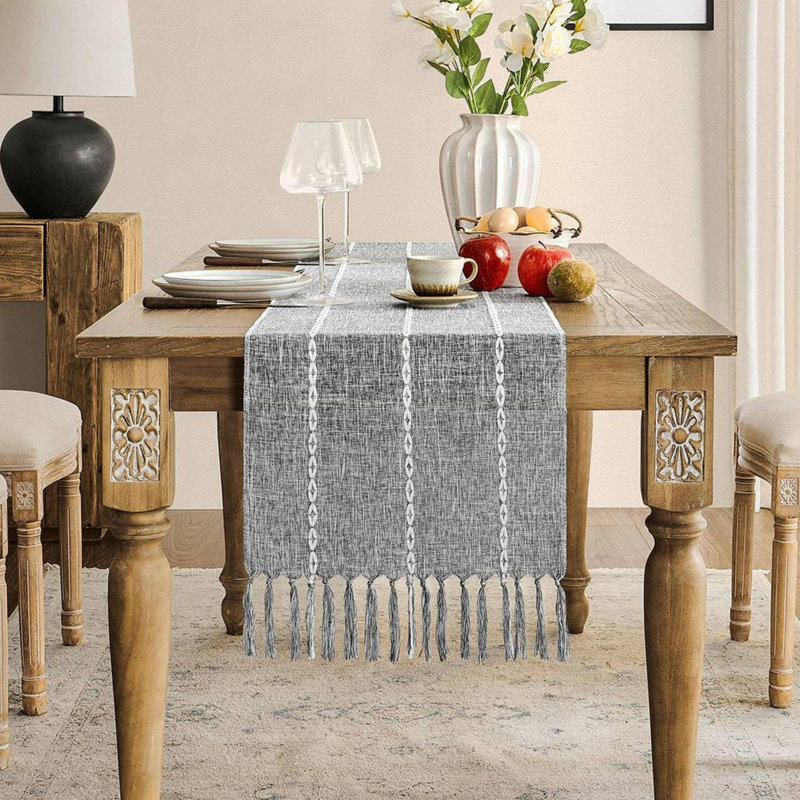 Gray Braided Striped Polyester Table Runner with Tassels