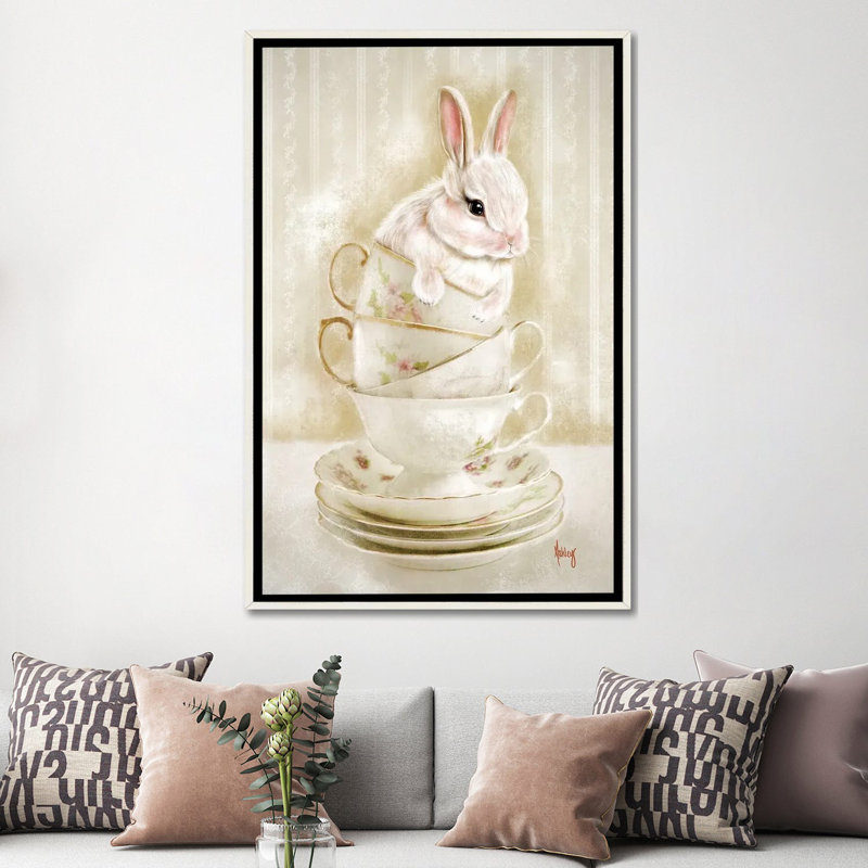 Bunny Cups - Reproduction d'art murale - Toile encadrée, Blanc patiné, Reproduction encadrée sans passe-partout