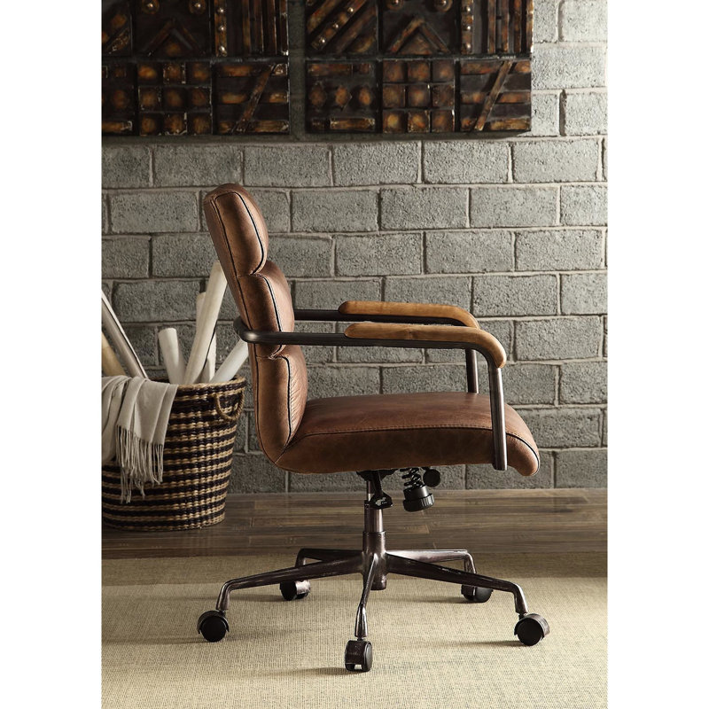 Retro Brown Leather Chair - Height Adjustable Seat, Luxury Cushion, Metal Base With Wheels, Stylish Elegant Work Supply Swivel Seat And