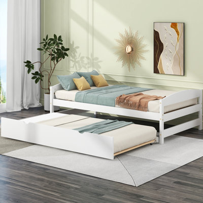 White Twin Size Platform Bed With Portable Trundle - Wood Build Trundle, Space Bedroom Option
