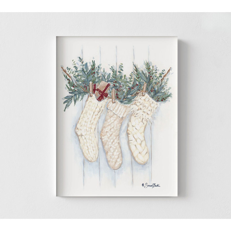 Chaussettes de Noël boho par Sara Baker, affiche de chaussettes de Noël blanches, affiche de bas de Noël délicats, décoration murale de Noël minimaliste