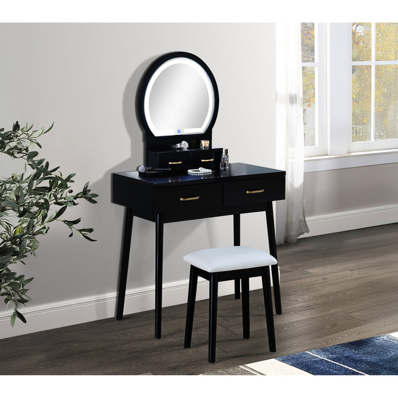 3Pc Vanity Table And Stool With Black Finish, Built-In Led-Lit Mirror, Gold-Accented Handles, Cushioned Stool, Spacious Drawers Upper Shelf, 31.3"X15.8"X30"H Table, 19.5"X23.8"H 14"X10.5"X18.8"H ,